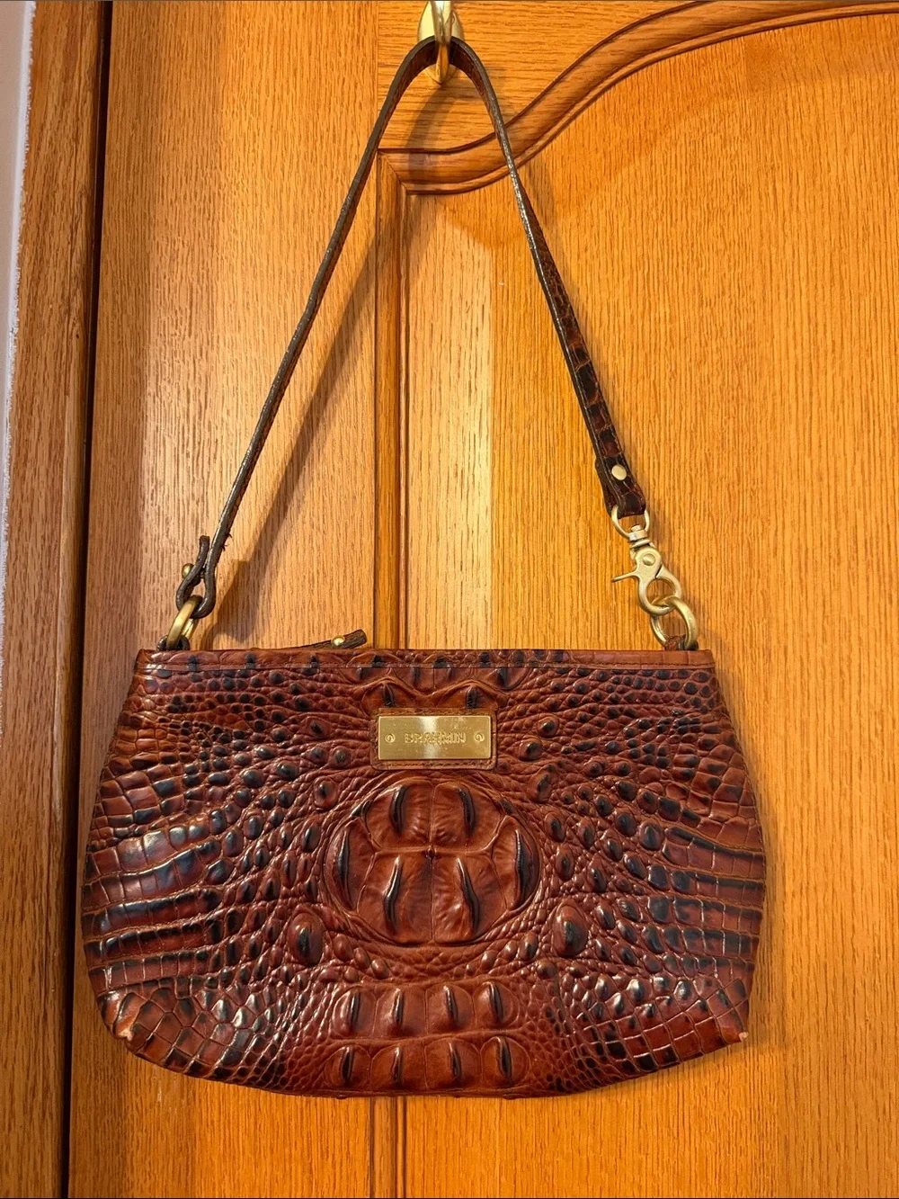 Brahmin Brown Croc-Embossed Wristlet with Gold Plate